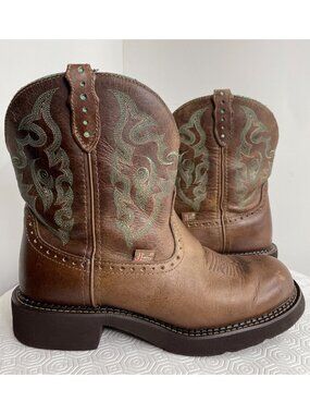 Justin Gypsy L9606 Brown Leather Western Boots Teal Embroidery Women's 9 B